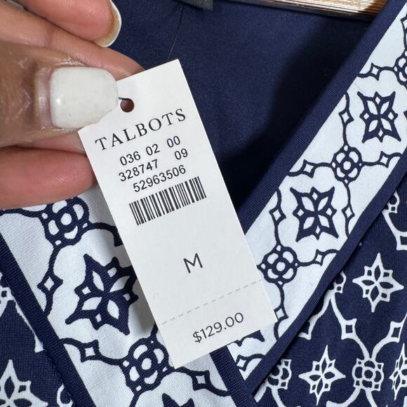 Talbots Dress Womens Medium Blue White Geometric Faux Wrap Work Office Business - Picture 6 of 12